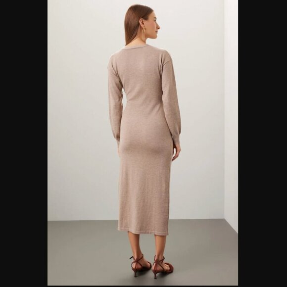 Modern Citizen Front-Wrap Dress Lenese Midi Oatmeal Tan V-Neck Business Casual - Picture 9 of 16
